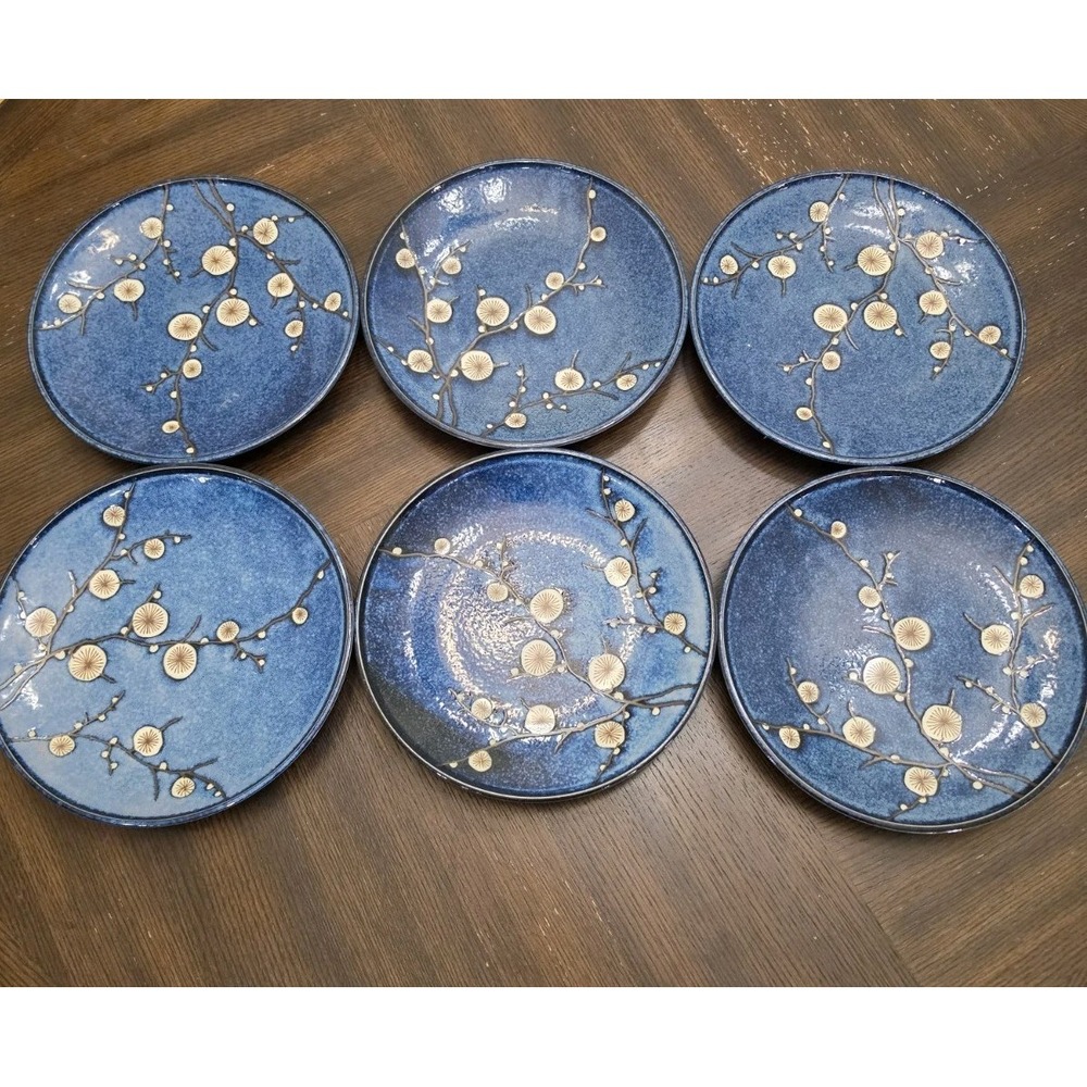 6 World Market Cobalt Blue Cherry Blossom Stoneware Dinner Plates 10"